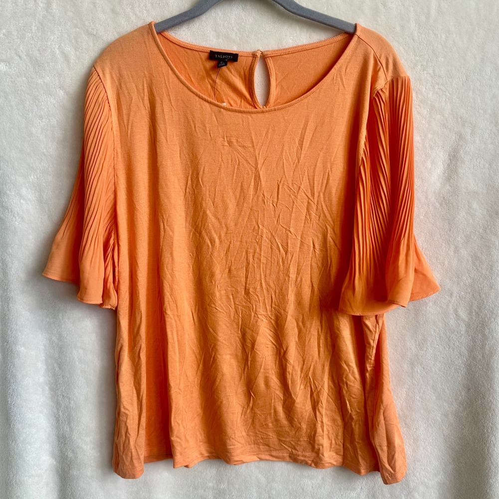 Talbots NWT Cantaloupe Orange‎ Pleated Flutter Sleeve Keyhole Knit Top XL